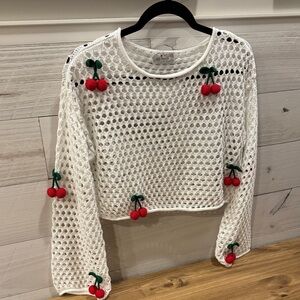 Elegant White Crochet Crop Top with Cherry Accents